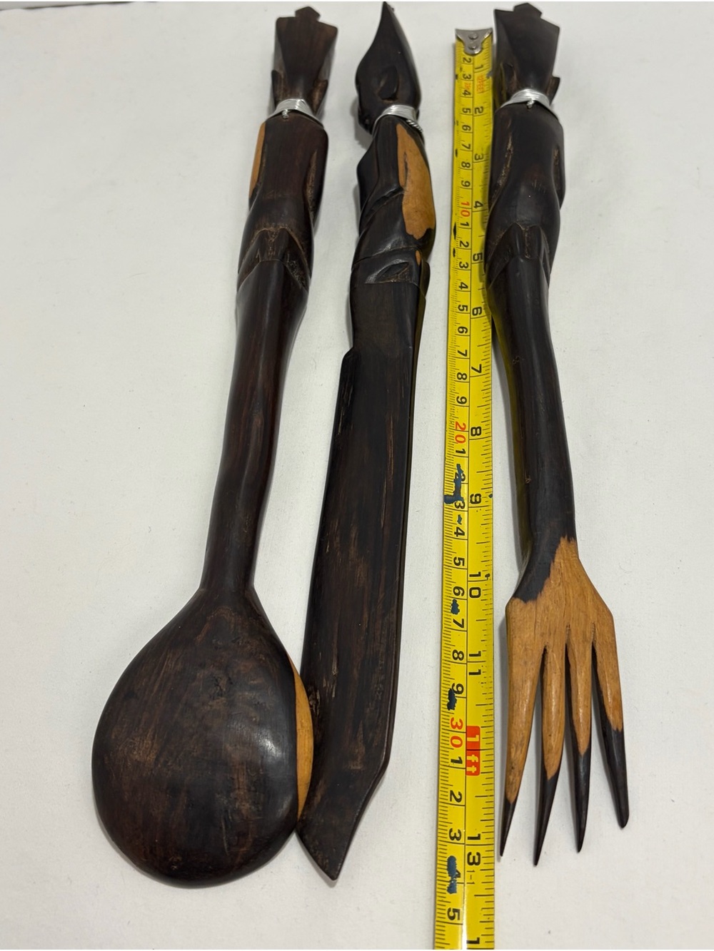 Hand-Carved Brown Wooden Serving Utensil Set with Carved Figure Handles - Picture 6 of 10